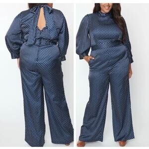 Timeless London Jumpsuit 14 Womens Navy Satin Wide Leg High Neck Polka Dot New